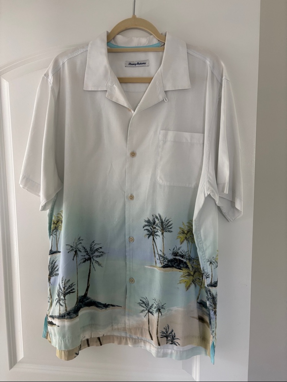 Tommy Bahama White to Aqua Palm-Print Camp Shirt